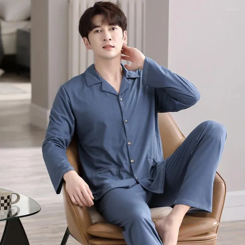 Men's Sleepwear 2 Pc/Set Men Pajamas Sets Long Sleeves Casual Elastic Waist Modal Home Wear Soft T-shirt Pants Set For Sleeping