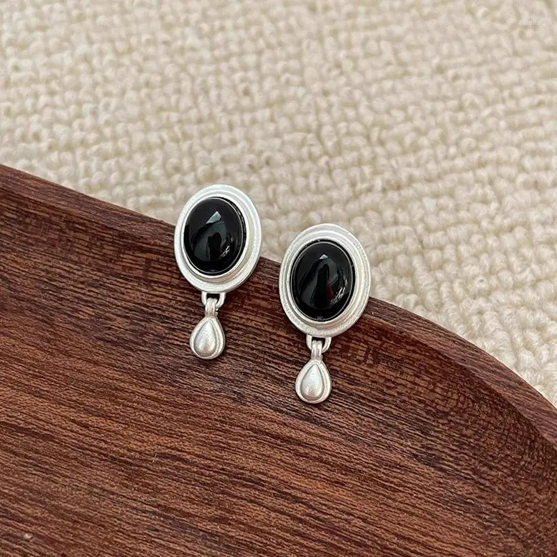 Studörhängen Vintage 925 Sterling Silver Milk Black Agate Natural Quartz Waterdrop for Women Wedding Birthday Christmas Gifts