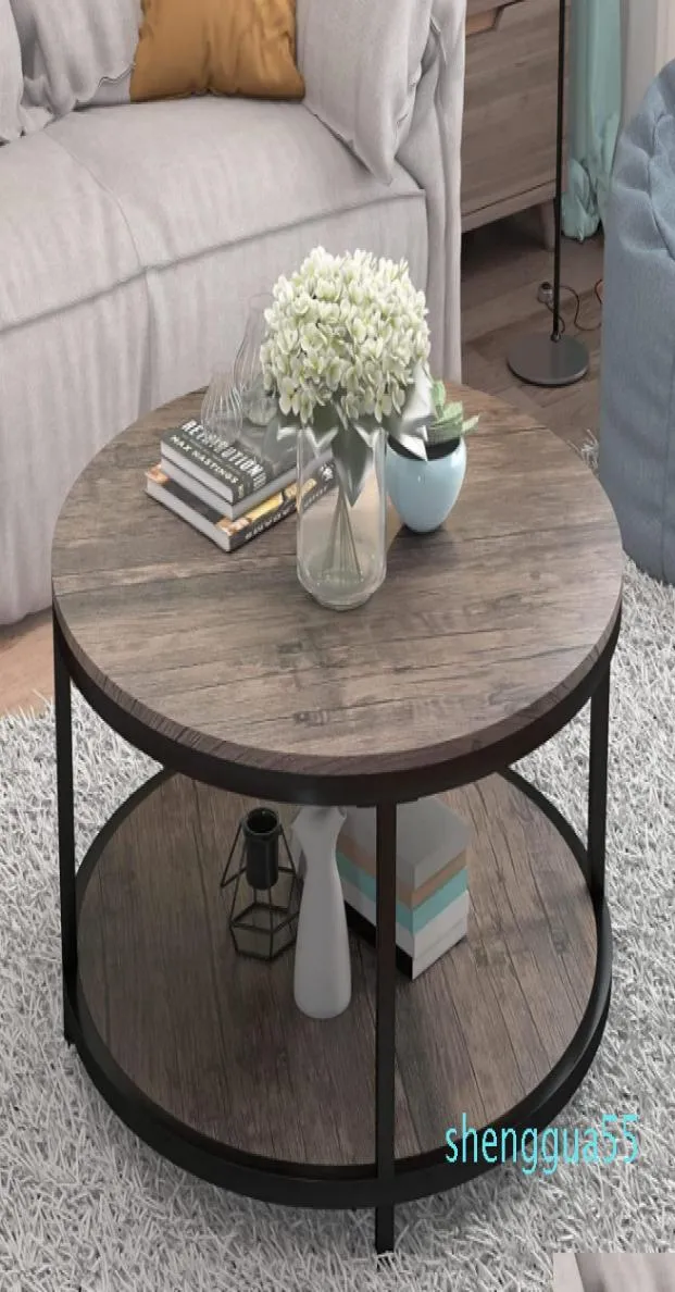 USAストック素朴な木製の丸いコーヒーテーブル頑丈な金属製の脚 - リビングルームの装飾用の産業ソファサイドテーブル-MOD8562621