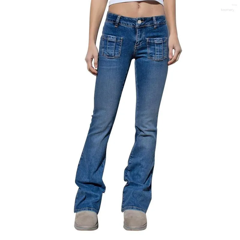 Women's Jeans Women's High Solid Pants Color Women Two Pocket Denim Waist Slim Button Elastic