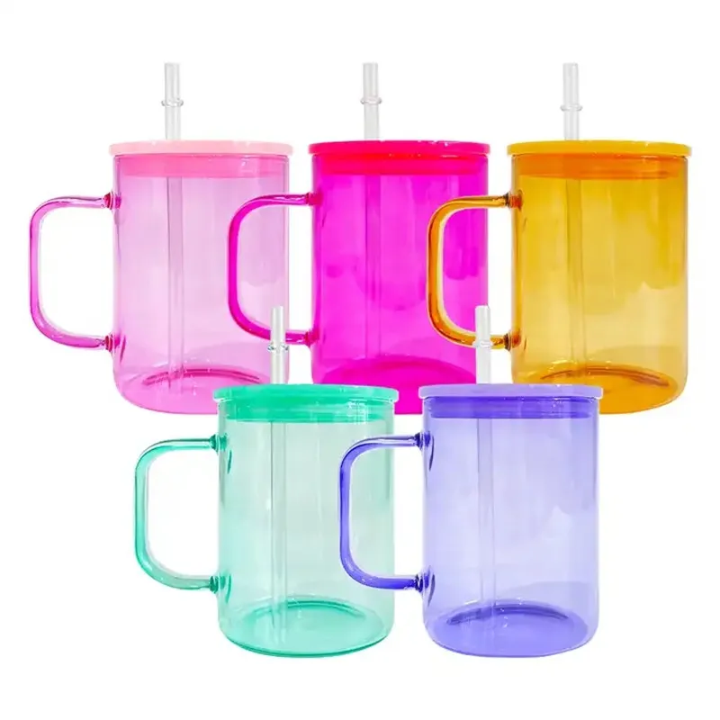 17oz Colored Sublimation Glass Cups With Handle Camper Tumblers In Bulk  Cheap For Juice, Iced Beverages, Beer, Coffee Includes Plastic Lids And  Straws From Topshenzhen, $5.09