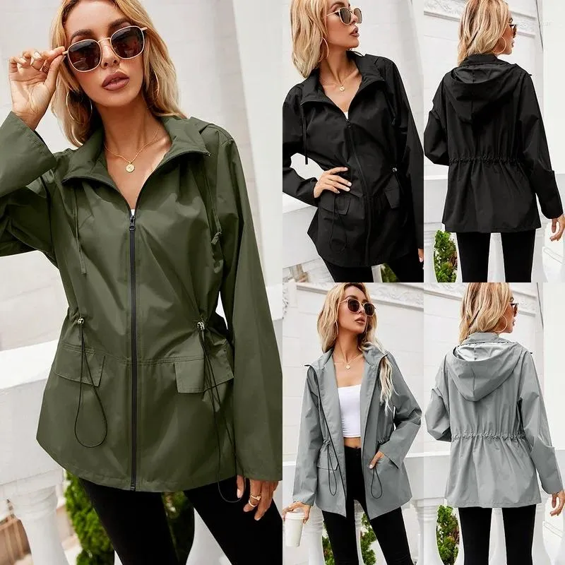 Trench coats femininos outono/inverno com capuz cintura jaqueta de chuva zip capa de chuva montagem ao ar livre