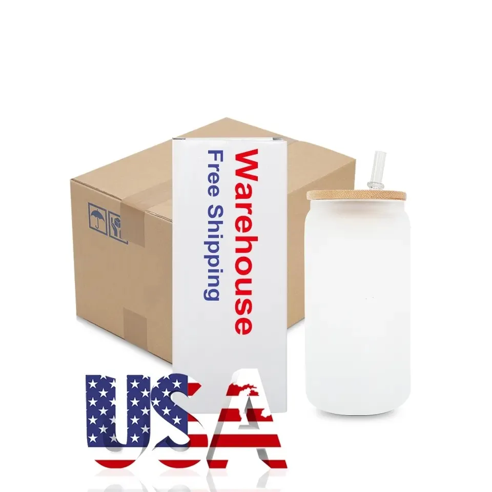 US/CA Stocked 16oz Sublimation Glass Mugs Clear Frosted Single Wall Glass Tumblers Cups With Bamboo Lid Bubble Tea Cups