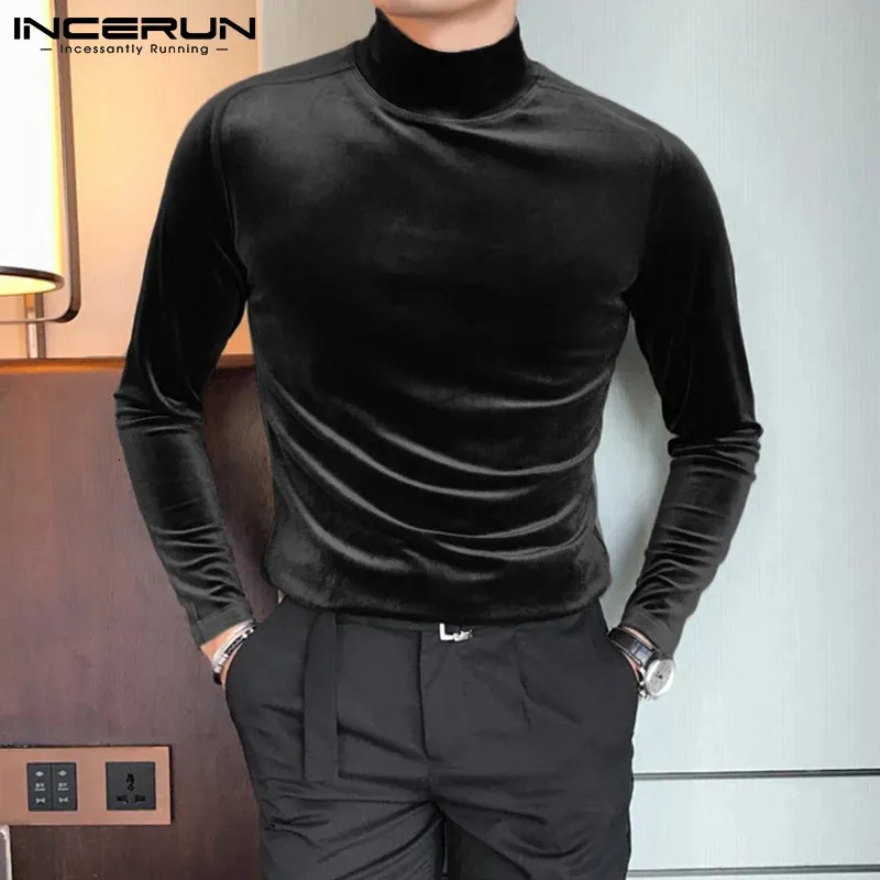 قمصان الرجال 2023 الرجال T Shirt ألوان صلبة Velor Turtleneck Long Sleeve UnderShirt مريحة في الشوارع Camisetas S 5xl Incerun 231023