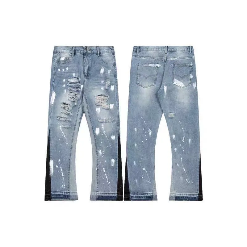 Męskie dżinsy projektanty odzieży modne galerie spodni plamowane dżinsy zszyte kombinezon Wergilil High Street Pants Flearn Sweetpants Rock Streetwear