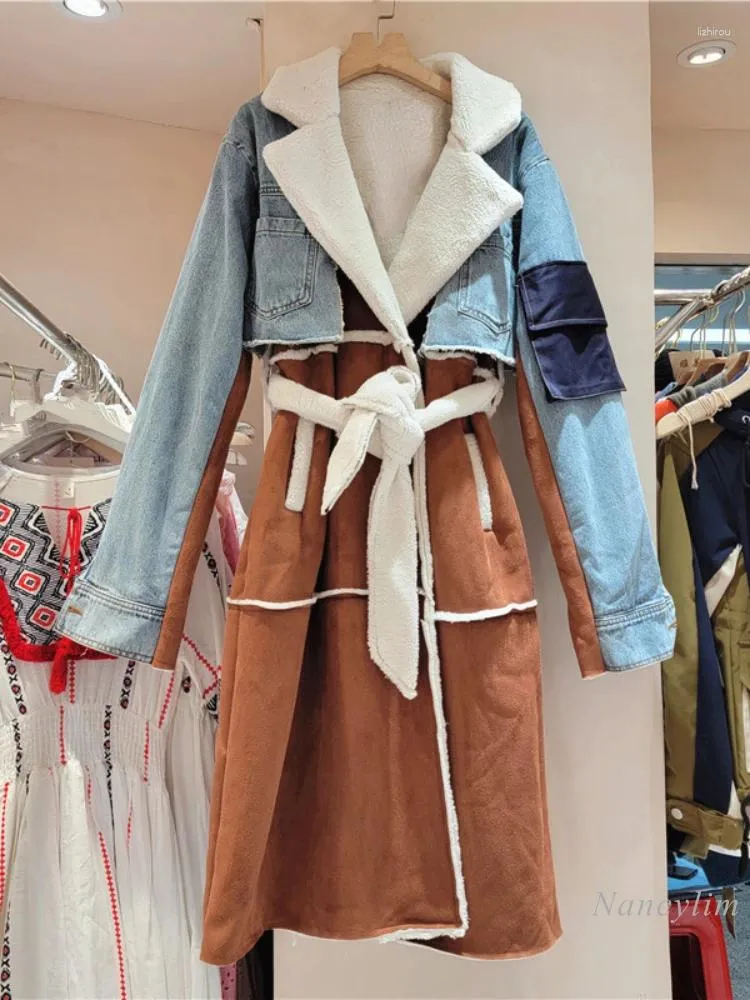 Korean Style Patchwork Lamb Wool Denim Trench Coat Womens For Women Winter Long Lapel Waist Tight Over The Knee Denim Cotton Streetwear From Lizhirou 63.92 DHgate.Com