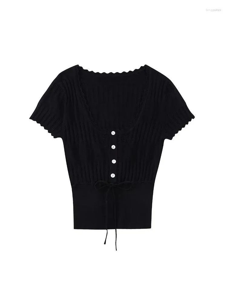 Pulls pour femmes Femmes Femmes Mode Lace Up Décoration Jacquard Mesh Slim Tops tricotés à manches courtes Bouton-up Femme Pulls Chic