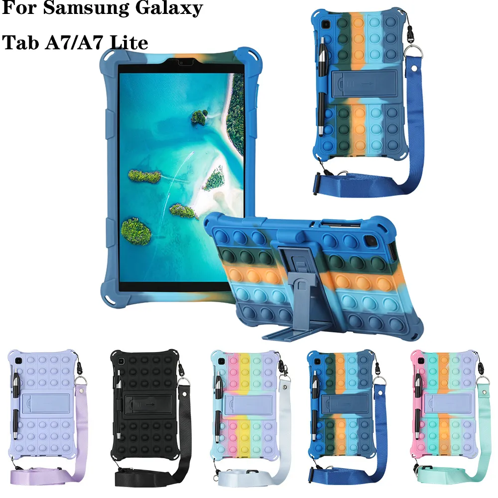 Miękka bąbelkowa silikonowa obudowa dla Samsung Galaxy Tab A7 10.4 A7 Lite 8.7 cala Kickstand Tablet Popp Rainbow Anti-Stress Shockproof Cover z smykiem