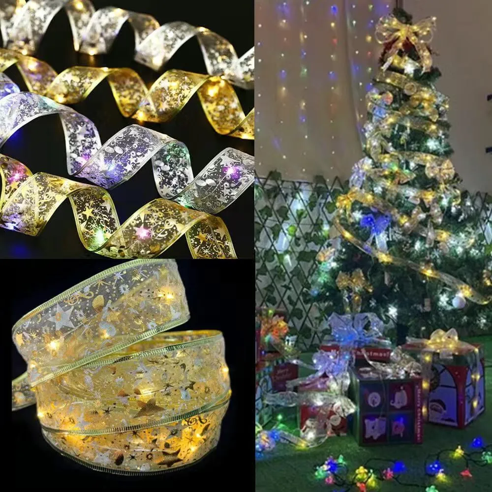 NEW 50 LED 5M Double Layer Fairy Lights Strings Christmas Ribbon Bows With LED Christmas Tree Ornaments New Year Navidad Home FY2570 1023