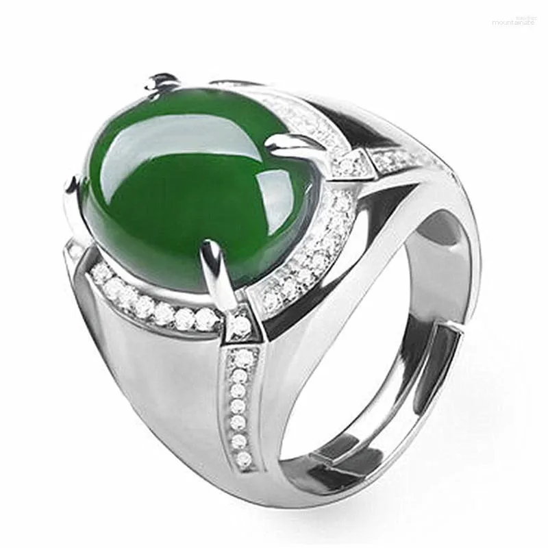 Bagues de cluster Fashion Green Jade Emerald Gemstones Diamants pour hommes Or blanc Argent Couleur Bague Bijoux Bijoux Party Accessoire Cadeaux