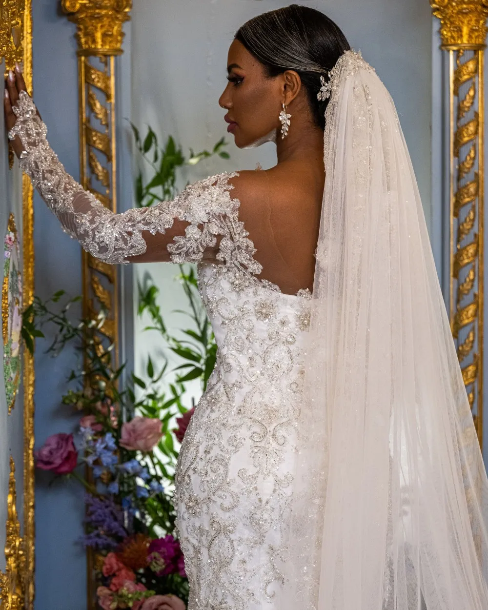 pearl and lace wedding dress Long Sleeve Lace Wedding Dress with Pearl Choker Detail