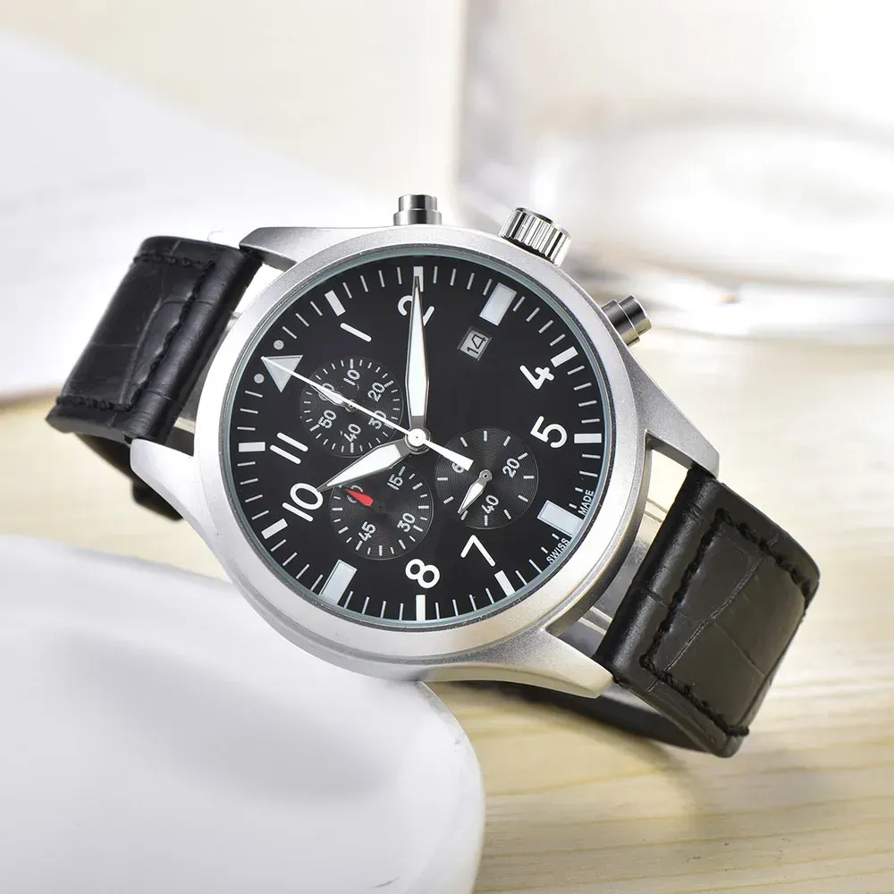 DHgate Mens Top Quality Chronograph Pilot Watch with Genuine Leather Strap All Dial Work Watches