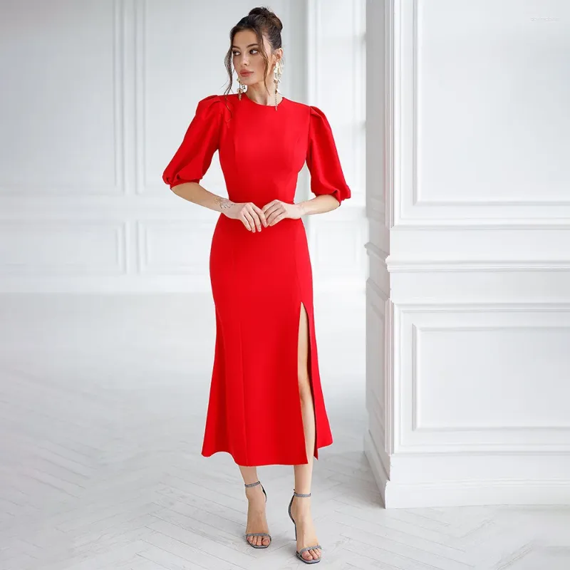 Robes de soirée élégantes robes d'invité de mariage pour les femmes manches mi-bouffantes robe de cocktail sirène midi col rond fente latérale trompette courte