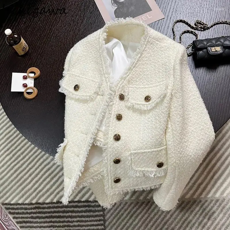 Jaquetas femininas tweed jaqueta casaco roupas com decote em v túnica manga longa branco colheita topos ropa mujer vintage borla casacos curtos de lã