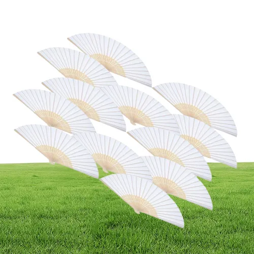 12 Pack Hand Håller fans White Paper Fan Bamboo Folding Fans Handheld Folded Fan For Church Wedding Present Party Favors Diy3483095