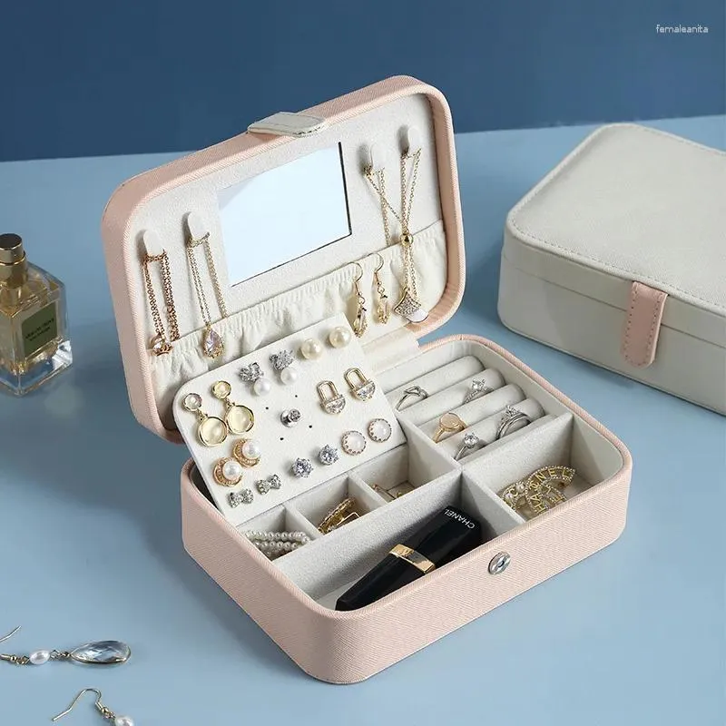 Smyckespåsar PU Organisator Portable Earring Ring Box med spegelarmband Halsband stor kapacitet Lagring Enkelt mode