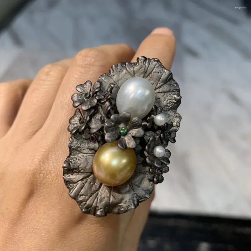 Cluster-Ringe, Vintage-Stil, antik, natürlicher Südsee-Perlenring, einzigartiger Stil, Übertreibung, 925er Sterlingsilber, Blumendesign, nur 1 Stück, fein