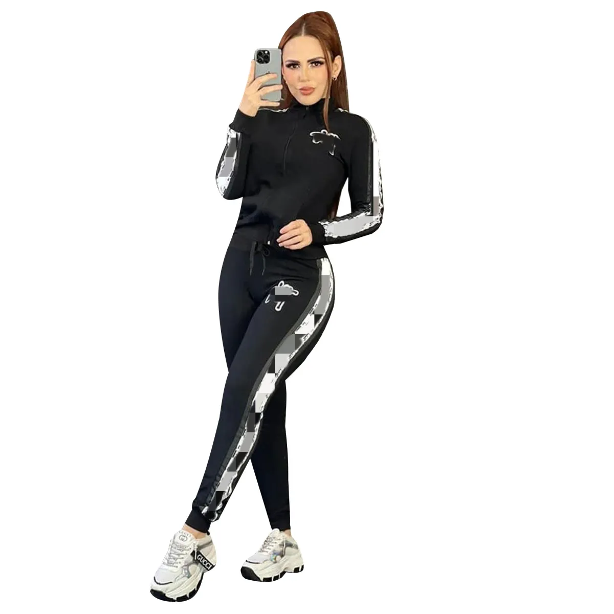 Dragkedja med två stycken byxor Tracksuit Women Designer Print Jacket och Sweatpants sätter gratis fartyg