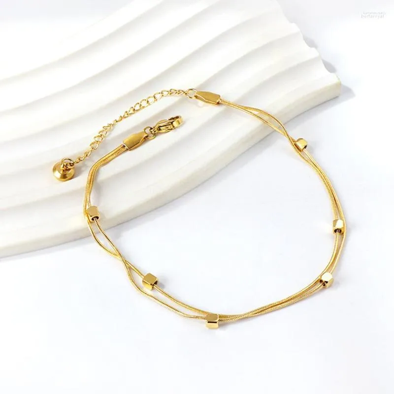 Bracelets de cheville 2023 élégant simple petit carré forme double bracelet de cheville pour les femmes en acier inoxydable de haute qualité couleur or bracelet de cheville sur la jambe