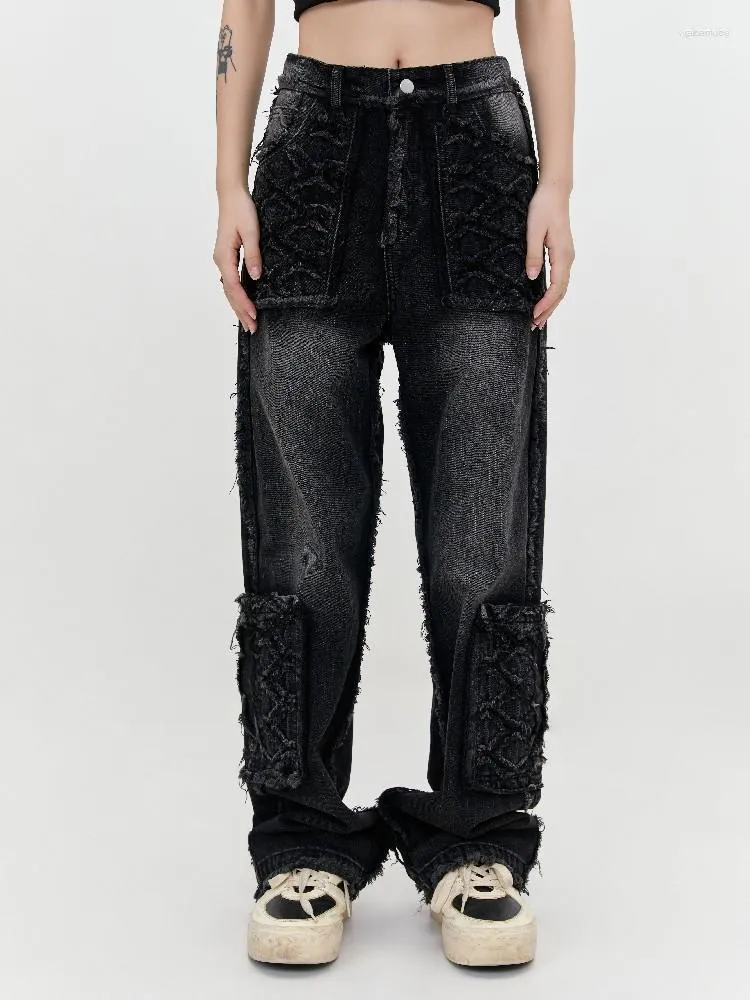 Kvinnors jeans Kvinnor Frayed Tassels Dark Black Aesthetic Goth Ripped Pants Byxor för kvinnor Girl Unisex Winter Clothes Streetwear