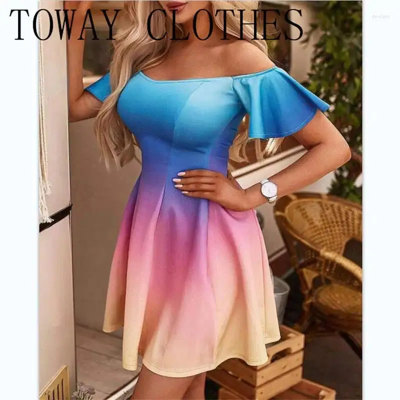 Ethnic Clothing Off Shoulder Short Sleeve Bell Colorblock Dress Chic A Line Mini Summer Dresses For Women 2023