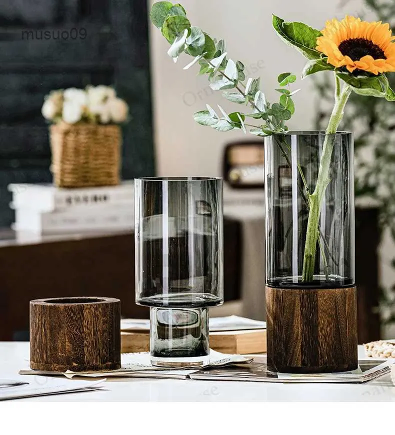 花瓶モダンなシンプルでクリエイティブなガラス製の水栽培花木製基礎装飾リビングルームダイニングテーブルフラワーアレンジ