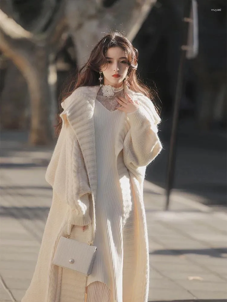 Women's Knits European Design Luxury White Maxi Chunky Cable Knit Long Sweater Cardigan Beige Open Front Oversized Cardigans Coats