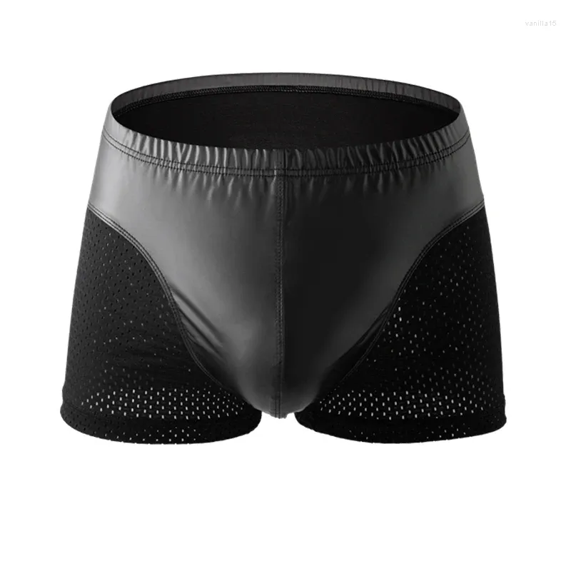 Mutande Intimo da uomo Boxer Similpelle con rete Sexy Traspirante Vita bassa Boxer in tinta unita Canzoncillos Hombre