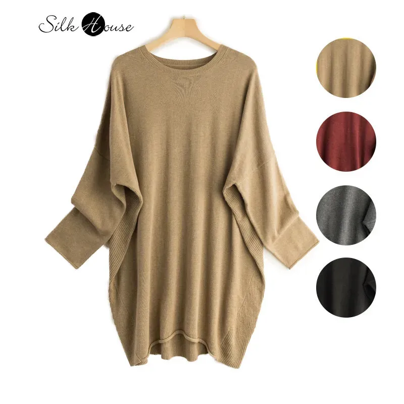 Women's Knits Tees Silk Cashmere Sweater Mulberry Round Neck Solid Color Bottomed Shirt Top Medium Long Batwing Sleeve Loose 231023