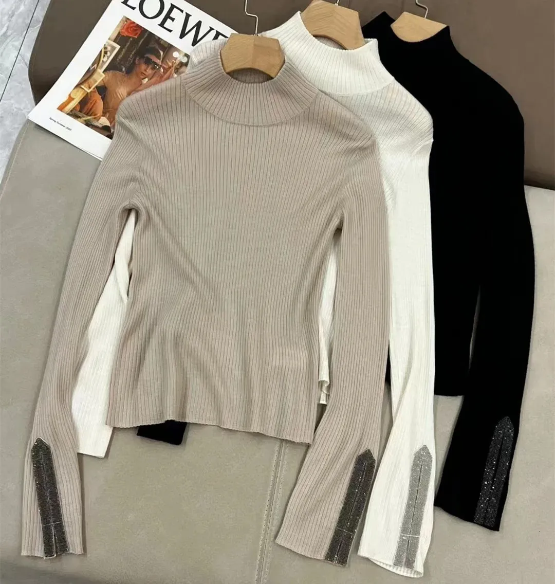 Женские трикотажные футболки Naizaiga, 100 % мериносовая шерсть, в полоску, белый, черный, с полувысоким воротником и длинными рукавами, разделенная цепочка, шерсть. Женские пуловеры, свитер QWX349 231023