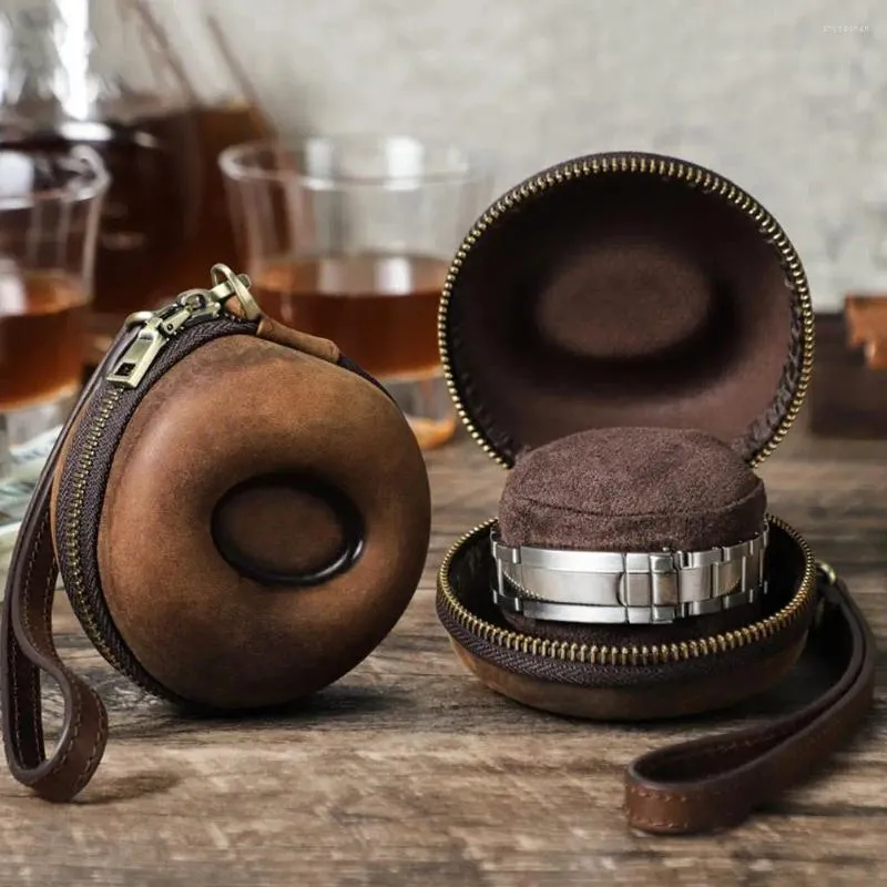 Watch Boxes Donut Shape Leather Single Storage Case Portable Organizer Travel Small Box High Quality With Wrist Strap