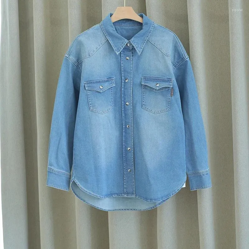 Damenblusen, hochwertige, modische Damen-Langarm-Einreiher-Denim-Top-Hemd, lässige Dame, Umlegekragen, hellblaue Bluse