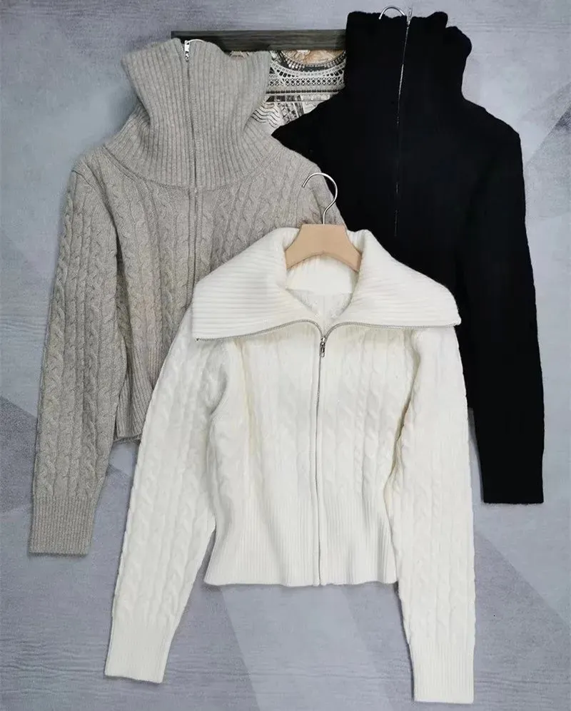 Suéteres femininos Naizaiga 100 cashmere grande gola virada para baixo com zíper torção branco bege cinza curto pulôveres femininos suéter QWX395231023