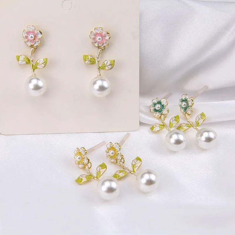 Orecchini a bottone Ordine minimo 6 paia/lotto Tondi Perline Decorazione Lega Goccia Olio Fiori Forma Donna Accessorio per orecchini gioielli fai da te
