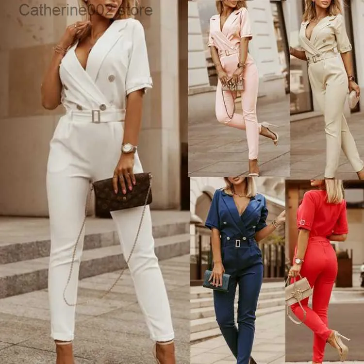 Formal Jumpsuits for Women Wrap V Neck Long Sleeve Business Rompers High  Waisted Wide Leg Solid Overalls with Pockets 