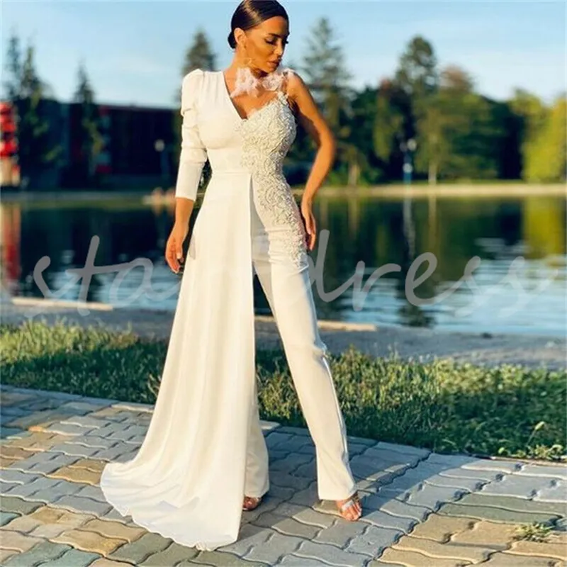 Elegante Boho Macacão Vestido de Noiva com Saia de Um Ombro Pantsuit Indiano Turquia Vestidos de Noiva 2024 Court Outfit Vestido de Noiva Civil Hippies Gregos Vestidos de Novia