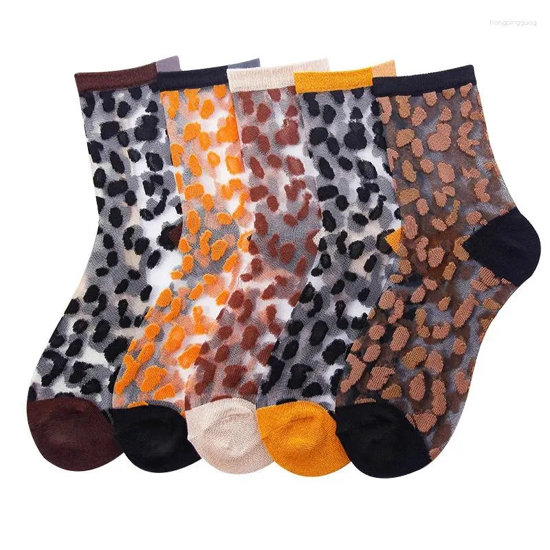 Femmes chaussettes Sexy Transparent cristal soie dame léopard mode décontracté japonais Harajuku Streetwear imprimé Animal Vintage noir