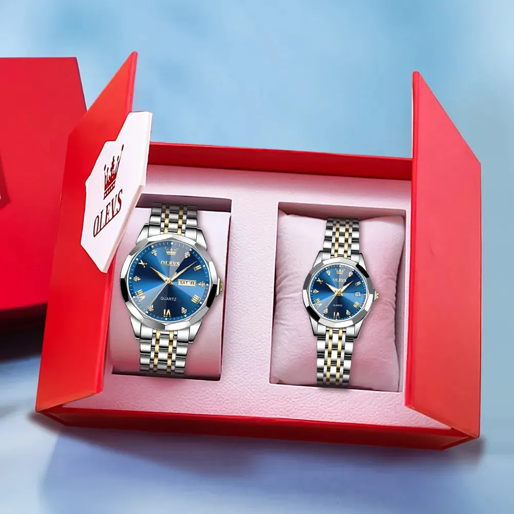 Andere Uhren OLEVS Paaruhren Rhombus Mirror Luxus Original Quarz Herren und Damen Armbanduhr Wasserdicht Leuchtend Datum Woche Für Sie und Ihn 231021