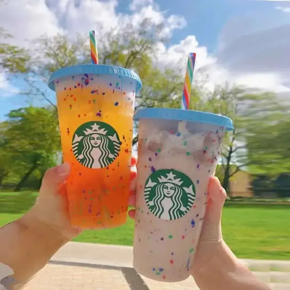 Bicchiere Starbucks Bicchiere di plastica riutilizzabile con coperchio e  cannuccia Bicchiere di plastica colorata con cannuccia Bottiglia fredda che