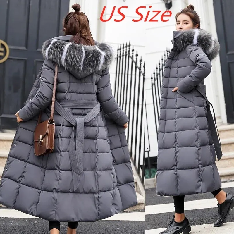 Mulheres para baixo parkas jaqueta de inverno feminino quente moda arco cinto gola de pele casaco longo dres grosso 231023