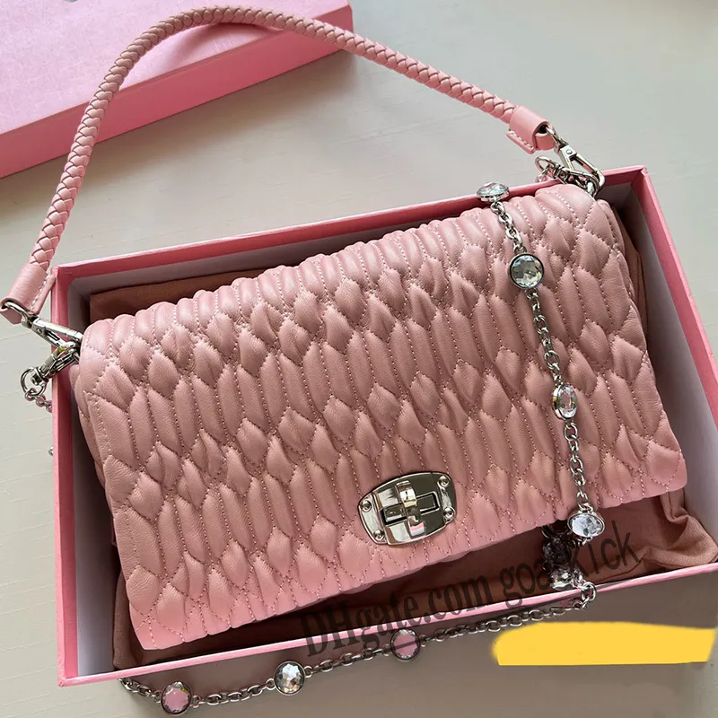 Designer Shiny Diamond Handbag M Shoulder Bag Underarm Bag Button Closure Chain Soft Sheepskin Dermis Pink Leather mius Shoulder Straps Removable Shoulder Strap