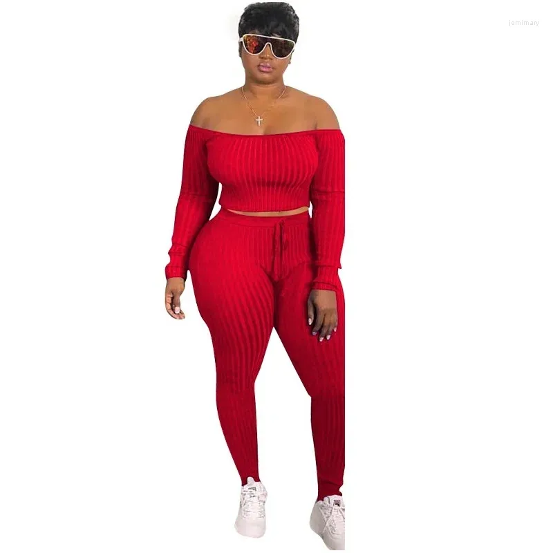 Women's Two Piece Pants Red Cropped Knitted Set Sexy Long Sleeve Pullovers Crop Top High Waist Suit Elegant Luxury Clothes Knit 2