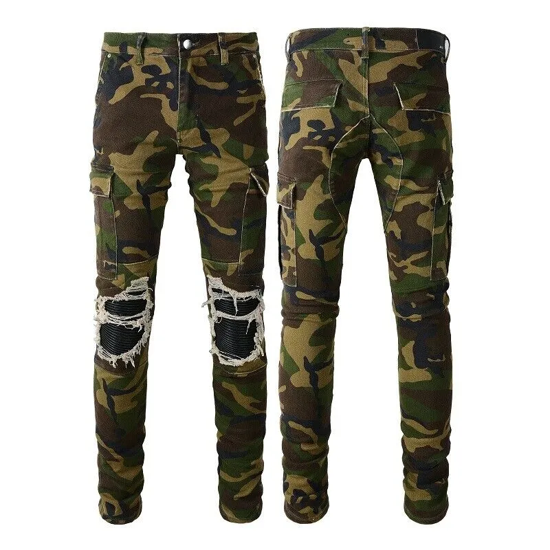 Jeans da uomo Miris Jeans Pantaloni skinny fit Slim stretch Jean da uomo lavato taglia 29-38 Pantaloni Patchwork Army Camouflage Distressed Strappato Fori per il ginocchio