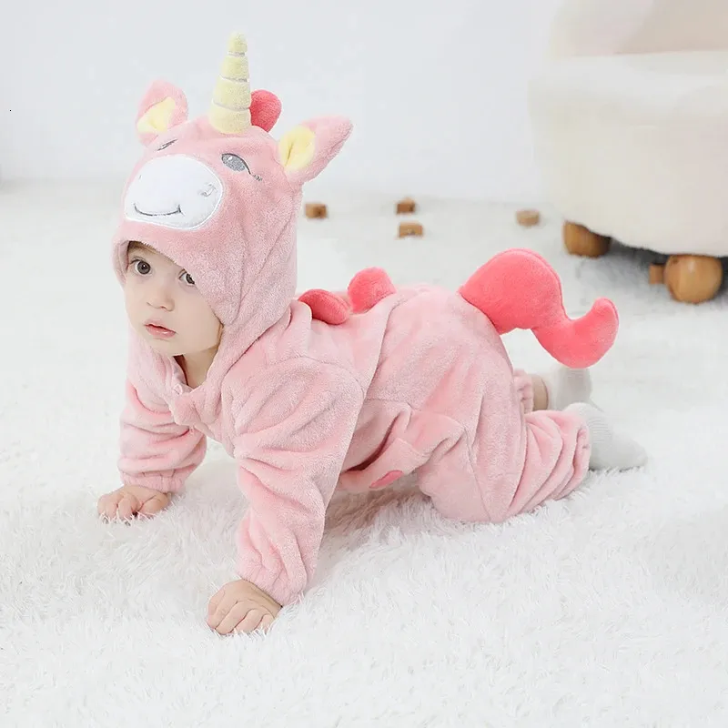 Rompers Unicorn Lovely Baby Girls Clothes Rompers Infant Cartoon Kigurumis Baby Onesie Bodysuit born Hooded Flannel Jumpsuits 231023