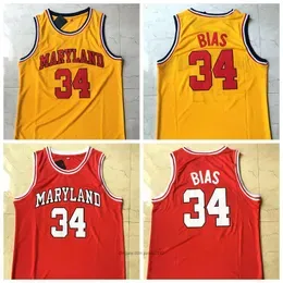 NCAA University of Maryland Len #34 Bias Basketball Jersey Red Yellow All Stitched and Embroidery Size S-2XL Top Quality