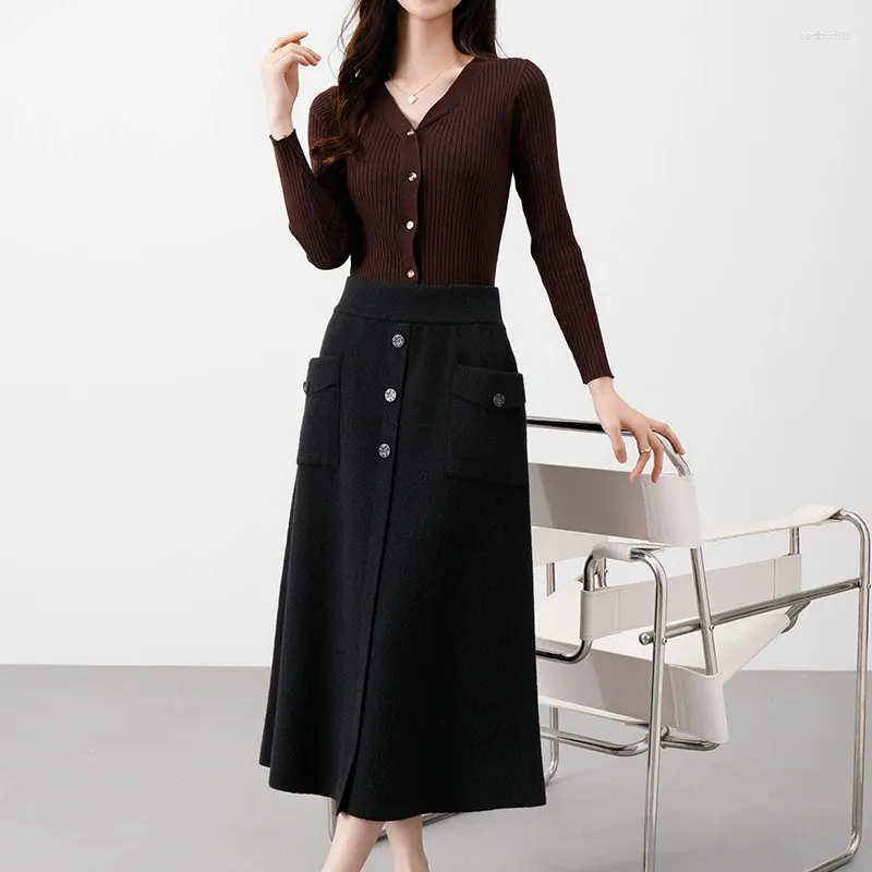 Jupes femmes décontracté tricot droit noir gris bouton poches conception jupe longueur mollet jupe automne hiver vêtements de base