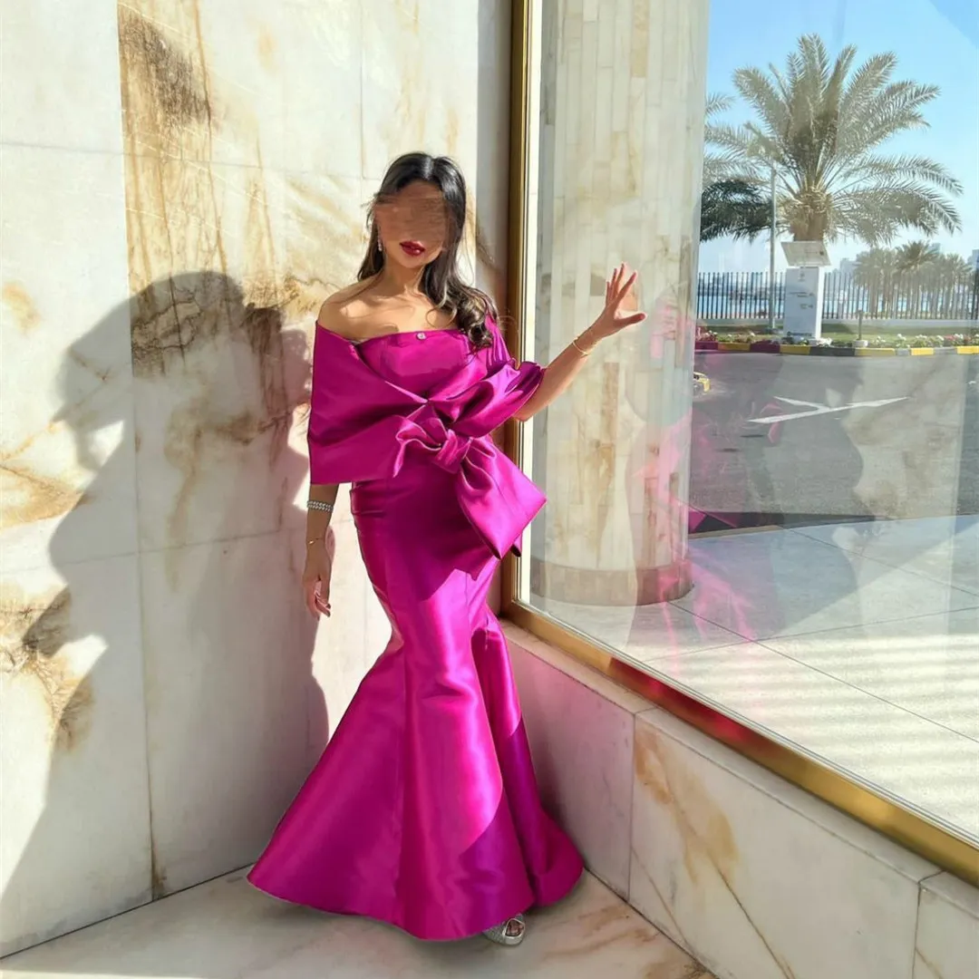 Elegant Fuchsia Satin Mermaid Evening Dresses for Women Strapless Pleated Prom Gowns
