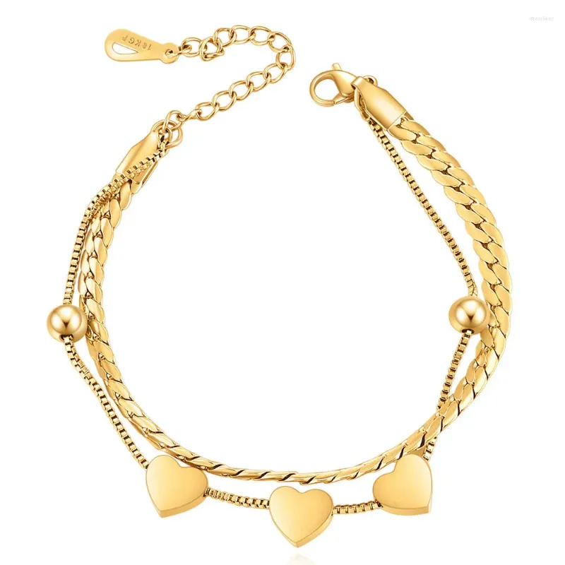 Link Armbanden Roestvrij Staal Goud Kleur Hart Armband Dubbellaags Box Chain Karabijn Vrouwen Sieraden