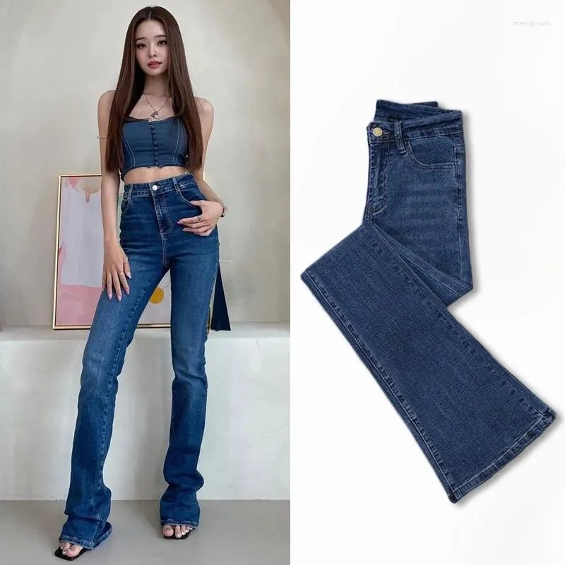 Kvinnors jeans kpop stjärna koreanska streetwear vintage hög midja flare kvinnor sommarstil söt tjej tight stretch smal denim byxor