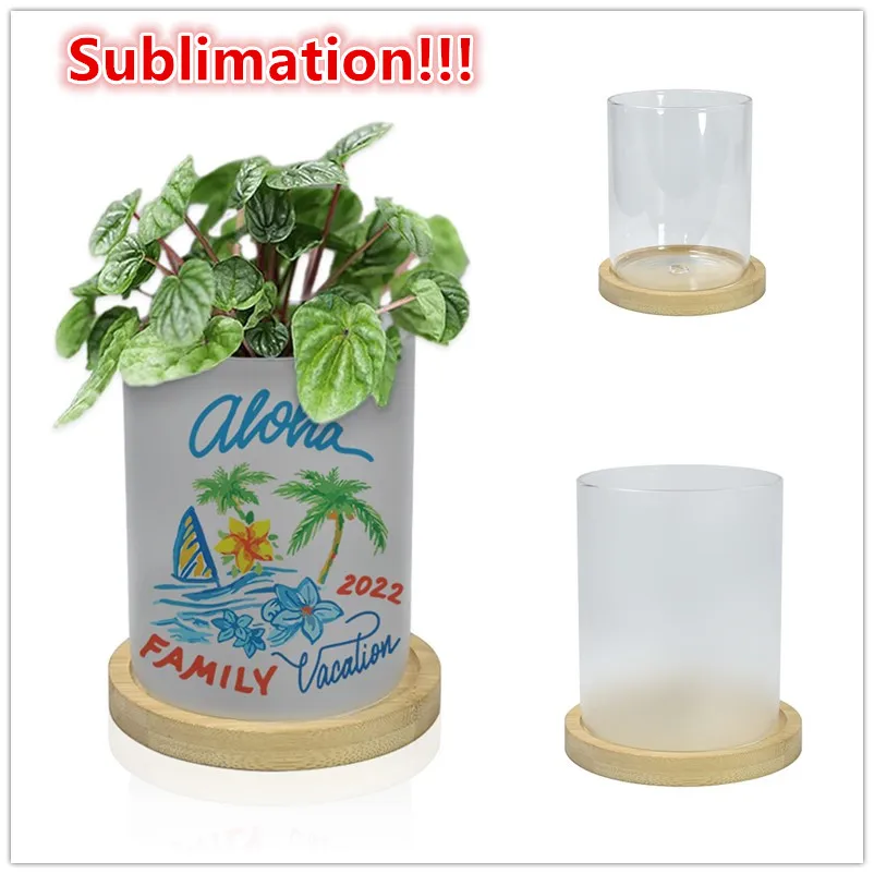 Sublimation saftiga krukor glas blomma planter kruka med bambubricka plantering glasvas för hemmakontorets bordsdekoration